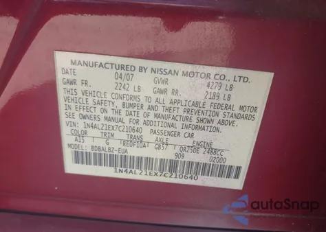 2007 Nissan Altima 2.5 S from USA, damaged, VIN 1N4AL21EX7C210640